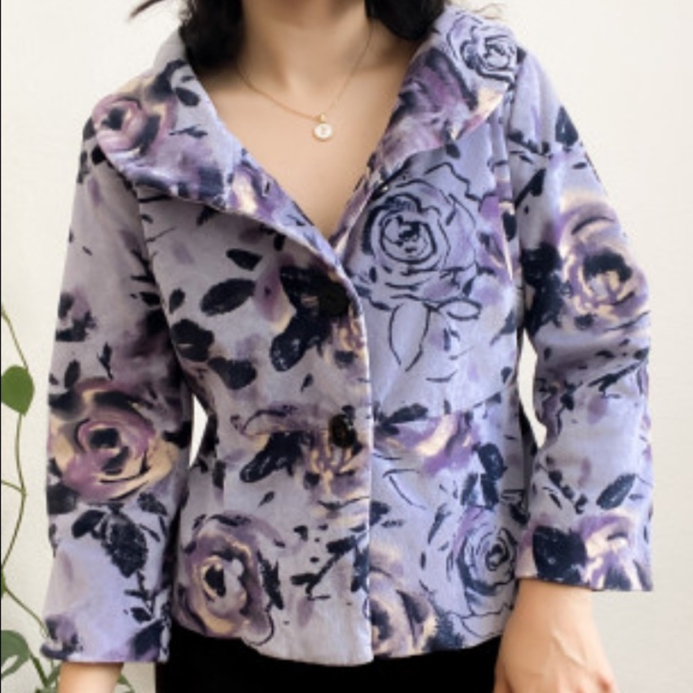 Anthropologie Odille Periwinkle Blue Purple Floral Velour Velvet Lined Jacket - Picture 1 of 16